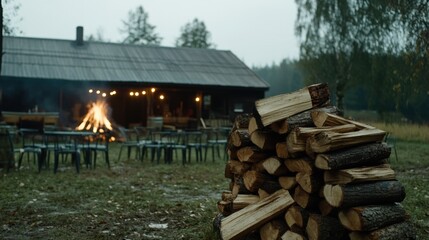 Lagerfeuer zum Frühlingsfest mit gestapeltem Holz und rustikalen Sitzgelegenheiten im Freien