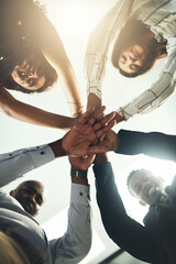 Aufkleber - Low angle, stack and portrait of business people in office for teamwork, collaboration and support. Professional, corporate and men and women with gesture for solidarity, partnership and agreement
