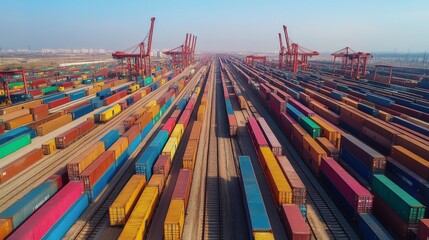 Aufkleber - At sunrise, a sprawling container terminal reveals an intricate layout of vibrant freight containers lined up beside cargo cranes, indicating active shipping operations.