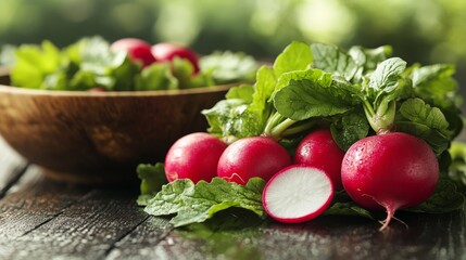 Wall Mural - Freshly harvested radishes and leafy greens arranged on a wooden table in a sunny kitchen setting