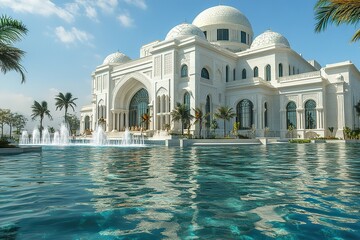 A large white building with a reflecting pool in front.