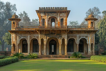 A grand, ornate building with intricate details and a lush green lawn in front.