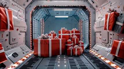 Red and white Christmas presents in a futuristic spaceship cargo bay, holiday gifts in space