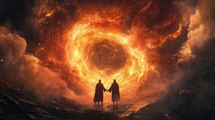  Two men, holding hands, standing at the edge of a swirling vortex of exploding fire and light.