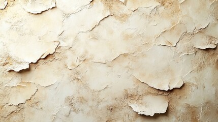 Poster - A textured wall displays peeling plaster in various shades of beige, revealing a layered surface beneath. Natural light enhances the aged appearance and texture.