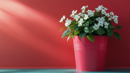 Wall Mural - Bright white flowers in a pink pot against a vibrant red wall with natural light