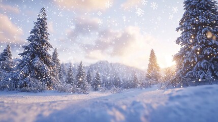   A snowy landscape featuring trees in the foreground and snowflakes covering the tree tops in the foreground