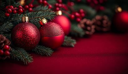 Wall Mural - Red and gold ornaments on festive table. A collection of red and gold Christmas ornaments amidst pine branches and berries, creating a warm holiday atmosphere on a table.