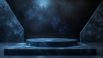 Aufkleber - A circular, dark blue platform is set against a backdrop of a starry night sky, creating a cosmic atmosphere perfect for performances or presentations.