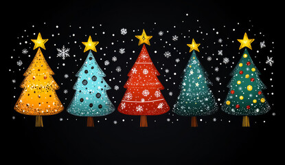 Wall Mural - Colorful Christmas trees with stars and snowflakes. Five vibrant Christmas trees adorned with stars and snowflakes create a festive atmosphere against a dark background.