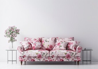 Stylish pink floral patterned sofa in a minimalist interior. White walls provide a clean backdrop, highlighting the sofa's vibrant design