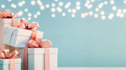 Stack of white Christmas gift boxes with ribbons and fairy lights on soft blue background, holiday mockup template