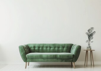 Stylish green velvet sofa standing in a bright, minimalist living room interior with a copy space on the wall. Elegant and modern home decor