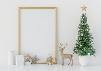 Golden frame mockup with Christmas decoration. Blank vertical picture frame standing on white cabinet with Christmas tree and reindeer for Christmas design mock up