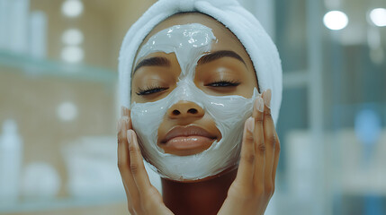 A woman is applying a white face mask