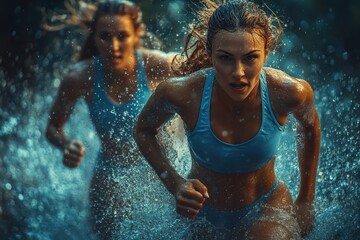 Two women sprinting through water in an energetic race during sunset near a forested area