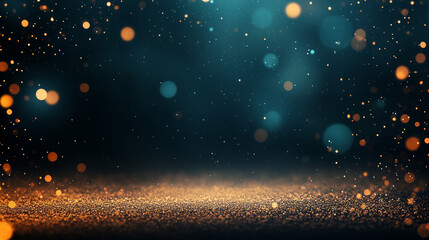 Abstract background with sparkling gold glitter and bokeh lights.