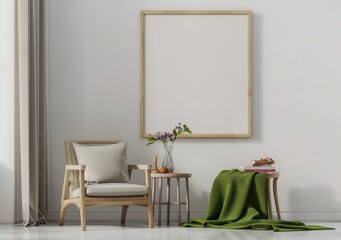 Minimalist living room interior with mockup poster frame, armchair, side tables and decor on white wall background.