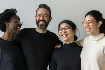 Diverse group of friends laughing together in casual attire