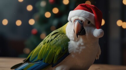 A parrot wearing a Santa hat sits on a table in front of a Christmas tree with lights.