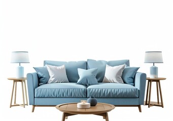 Stylish living room interior with a comfortable blue sofa, soft pillows, and elegant wooden side tables with matching lamps. A cozy and inviting space for relaxation