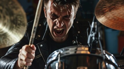 Rock drummer in action, surrounded by drum kit