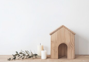 Wooden miniature house model with candles and eucalyptus branch on table against white background. Real estate, mortgage, eco friendly housing, investment, insurance concept