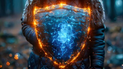Poster - A man is holding a glowing blue and orange shield in his hands, creating a magical effect