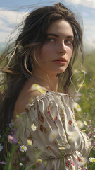 Woman in nature wearing floral dress under sunlight