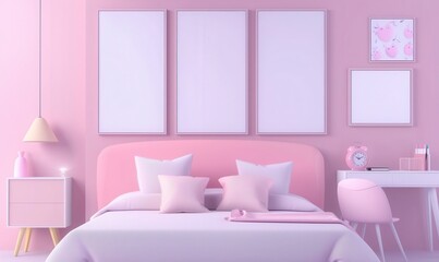 Pink bedroom interior with bed, night tables, desk, chair and three mock up posters on the wall. 3D rendering