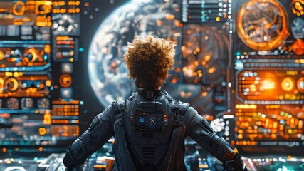 Poster - Man observing a data-filled screen with a futuristic aesthetic. Bright, colorful lights and reflections create a dynamic, high-tech atmosphere. Concept of technology