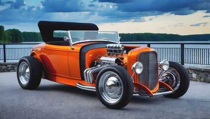 Beautiful unique orange vintage hot rod car parked in the street , automotive background, tuning template, auto transport	