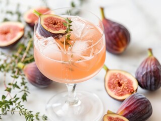 A glass of fig and thyme cocktail with fresh figs on a white background