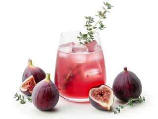 A glass of fig and thyme cocktail with fresh figs on a white background