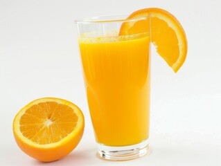 A glass of orange juice with a slice of orange on the rim on a white background