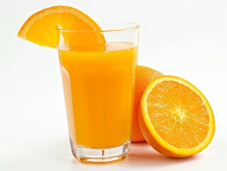 A glass of orange juice with a slice of orange on the rim on a white background