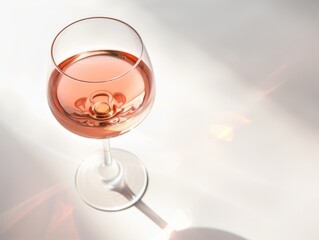 A glass of rose wine with light reflections on a white background