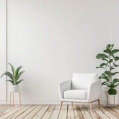 Minimalist interior background of living room, white armchair on wooden floor with empty white wall and green plants. 3D rendering