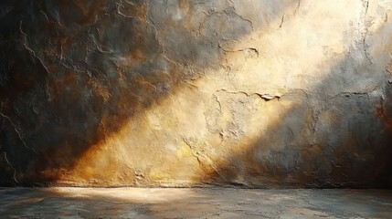 Leinwandbilder - Sunlight streams through a gap, casting a warm beam onto a textured wall in an empty room. The subtle shadows enhance the worn and rustic atmosphere of the space.