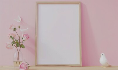 Minimalist mockup with a blank wooden frame on a pink wall. Blank picture frame with copy space