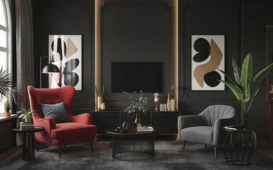 Modern living room interior design with red and grey chairs  black and gold accents  minimalist art and a TV   