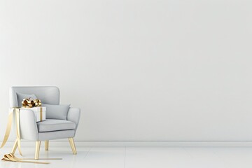 Elegant grey armchair with golden legs and a gift box on it. Minimalist interior design with copy space on a white wall