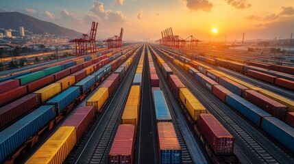 Aufkleber - Rows of vibrant cargo containers fill a bustling shipping yard while cranes tower in the background under a stunning sunset sky.