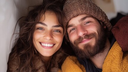 A close-up of a couple dressed in warm winter attire, sharing a heartfelt smile, capturing the essence of love and warmth in a winter setting.