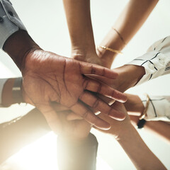 Aufkleber - Low angle, teamwork and hands of business people in office for meeting, collaboration and support. Professional, corporate and men and women with gesture for solidarity, partnership and agreement