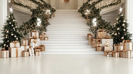 Canvas Print - A stunning luxury staircase showcases tasteful garland and beautifully wrapped gift boxes in a classic, refined interior space