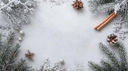 Poster - An arrangement of frosted evergreen branches, cinnamon sticks, and decorative elements creates a cozy winter atmosphere, perfect for holiday gatherings and seasonal celebrations during wintertime.