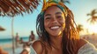 © familymedia - A cheerful woman with layered dreadlocks and a colorful headscarf smiles brightly under a sunny beach umbrella, reflecting pure joy and vacation vibes.