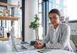 © SensSai/peopleimages.com - Office, businesswoman and portrait with laptop for online, reading information and research results. Career, female person and project manager with digital for corporate, solution or company progress