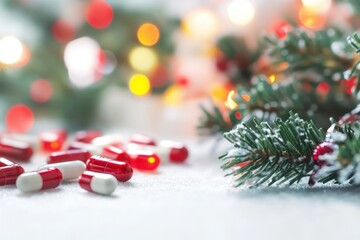 Red and white capsules among festive decorations